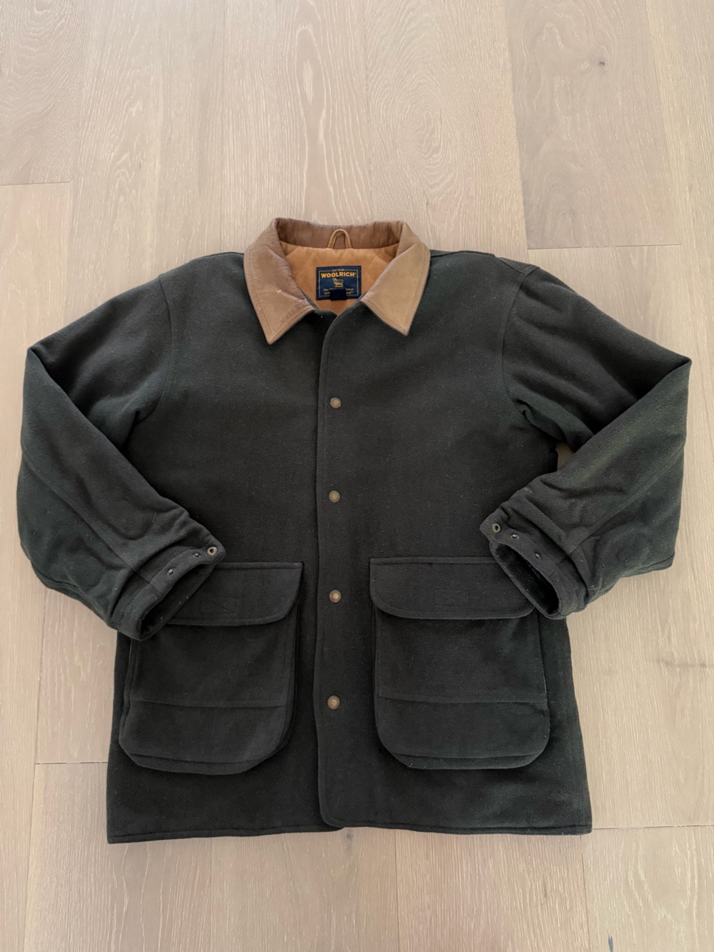 Woolrich Dark Green wool Field Jacket with Brown leather Collar